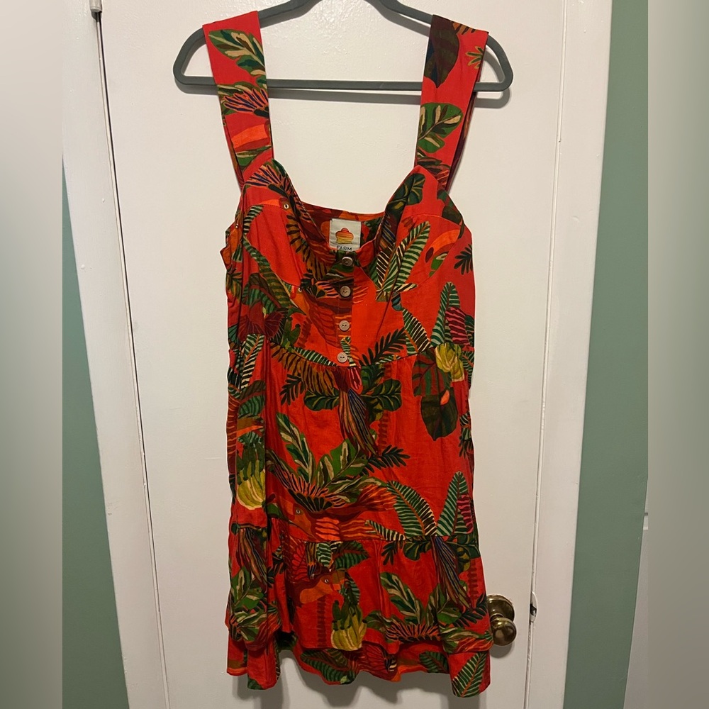 Farm Rio Red Forest Birds Tropical Linen Mini Dress - Picture 2 of 6